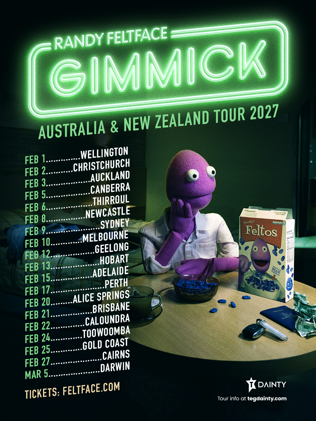 Randy Feltface Gimmick Australia & New Zealand Tour 2027 poster featuring the purple puppet at a table with tour dates for February and March.
